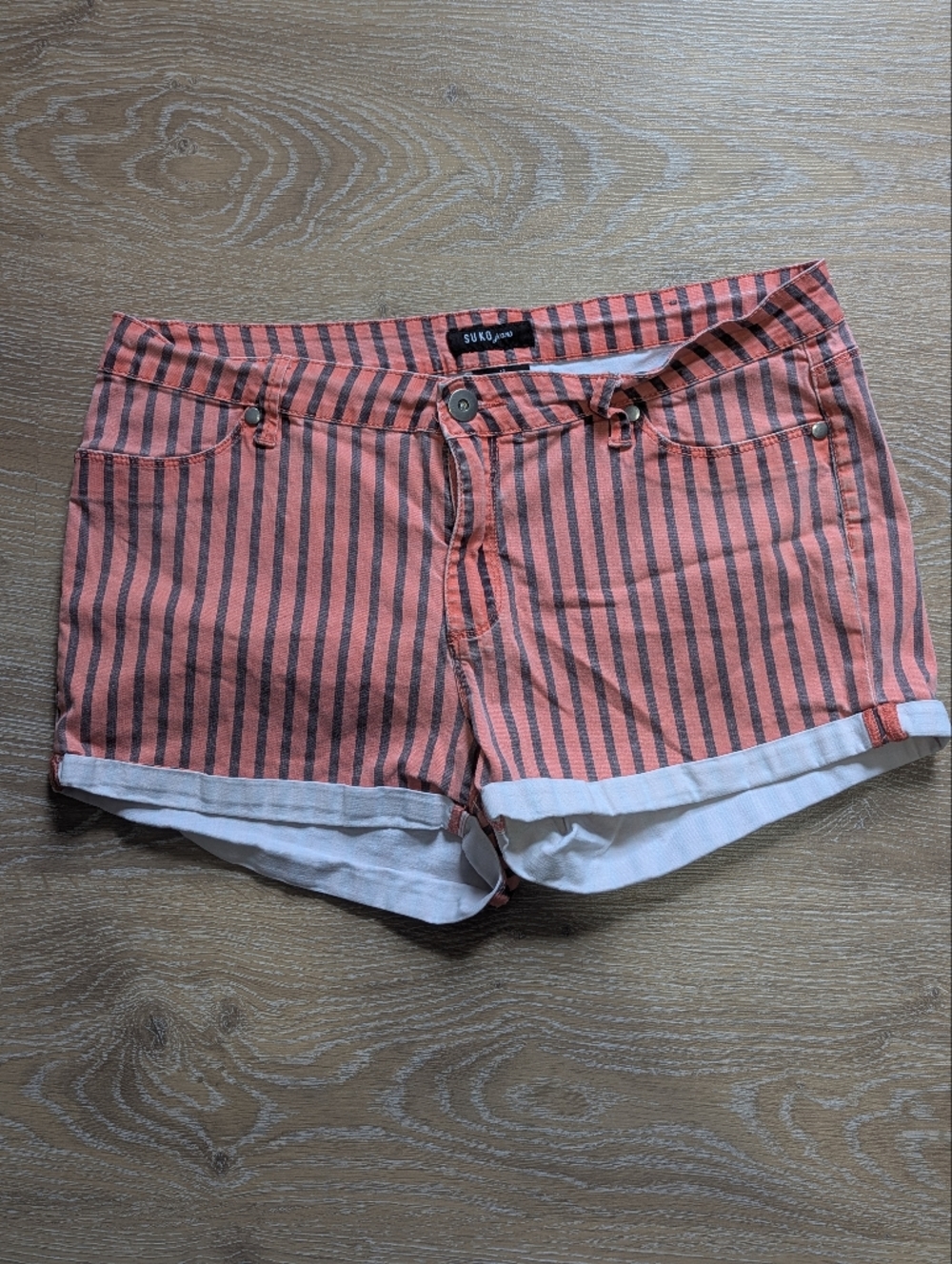 Suko Women's Striped Coral Gray Cotton Denim Shorts Festival Summer